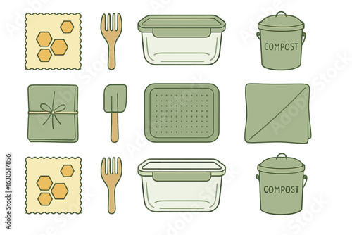 Various eco-friendly kitchen supplies for food storage and composting in a home setting