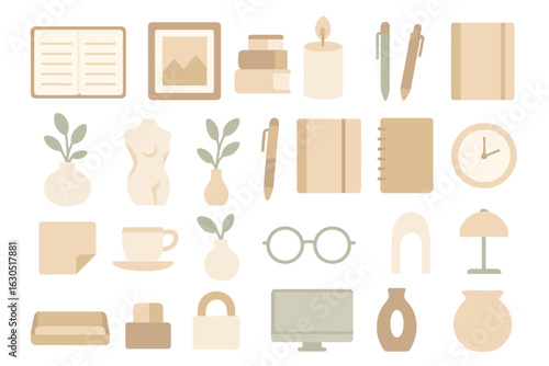 Collection of minimalistic office and study supplies in neutral tones on a white background