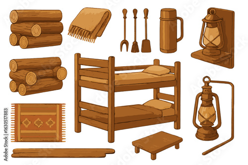 Wooden furniture and accessories arranged in a cozy cabin decor style suitable for rustic interiors