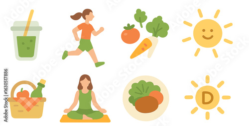 Healthy lifestyle elements including exercise, fresh food, and mindfulness practices for daily wellness