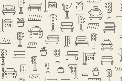 Urban transportation elements with benches, traffic lights, and cafe motifs in a seamless pattern design