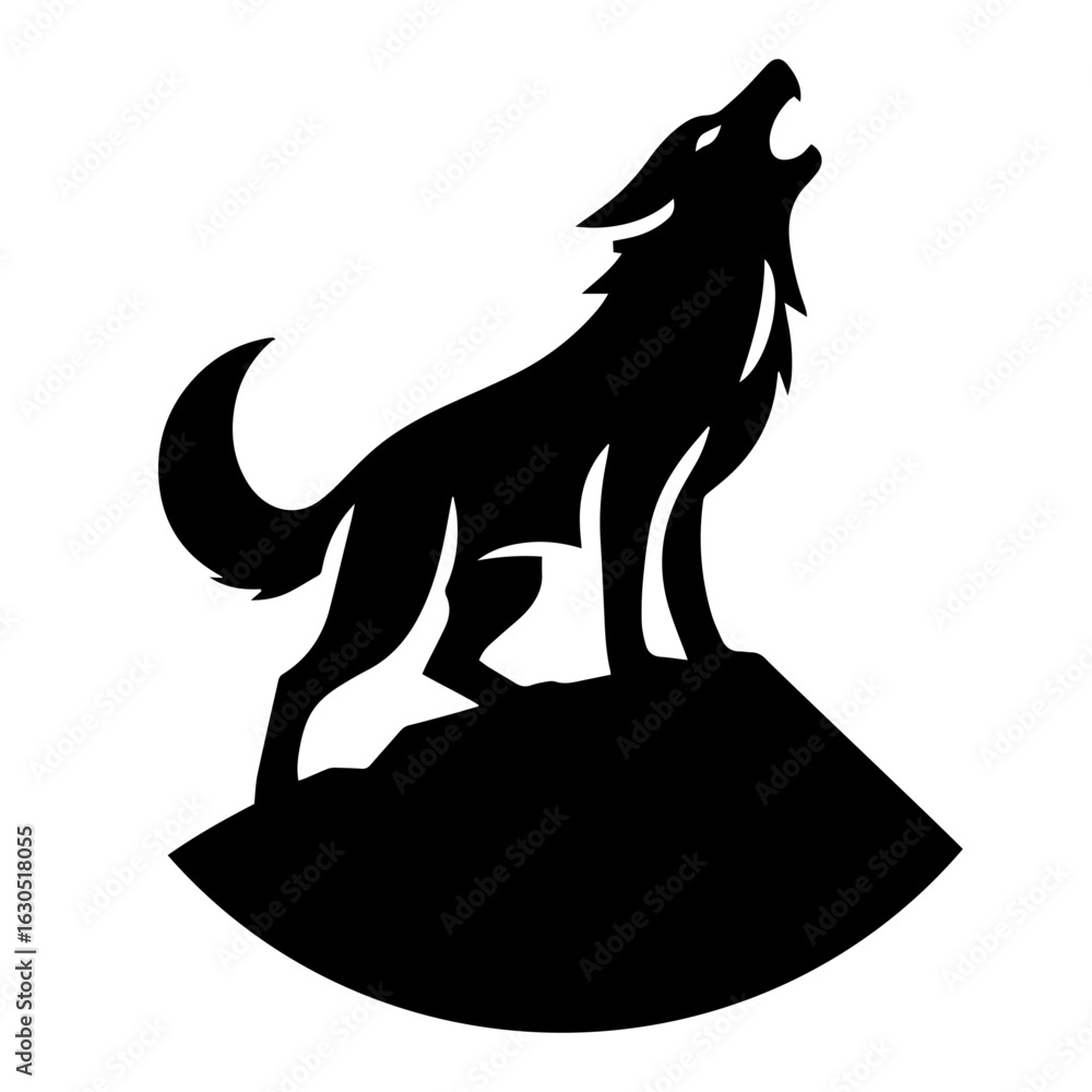 Obraz premium Clean black and white silhouette vector of a wolf howling on rock on white background
