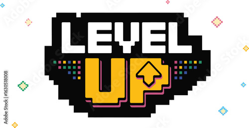 A retro pixel style level up graphic with an arrow on a blue background