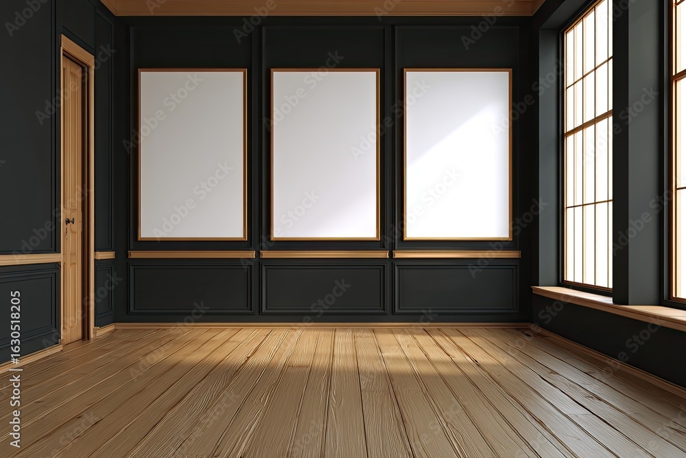 Obraz premium Dark room with three empty frames and large windows