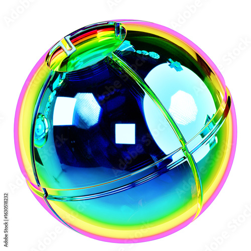 Stunning iridescent sphere with futuristic metallic accents and vibrant rainbow hues