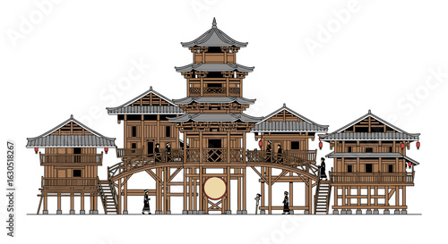 A detailed architectural rendering of a large, multi-level wooden structure, possibly a traditional Asian village or temple complex, built on stilts over water.
