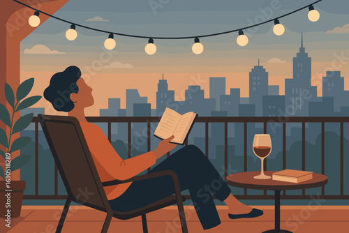 Relaxing evening on a balcony with a book and a glass of wine overlooks a city skyline at sunset