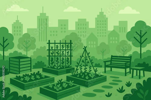 Urban community garden thriving with vegetables and greenery among city skyline
