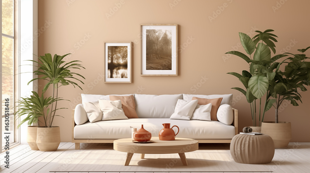 Naklejka premium Cozy Earth-Toned Living Room with Decorative Vases and Art Prints 