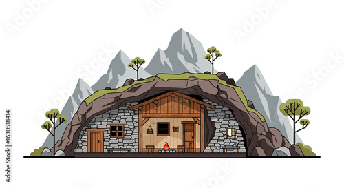 Illustration depicts a cross-section of a mountain dwelling with a wooden facade.
