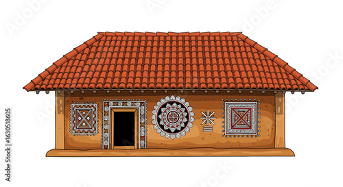 Ornate traditional house with terracotta roof and decorative wall paintings.