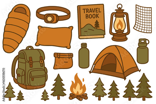 Camping gear and essentials displayed on a white background showcasing outdoor adventure items for a perfect getaway