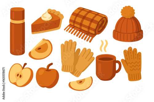 Cozy autumn essentials featuring warm drinks, baked treats, and chilly weather gear