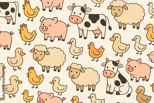 Colorful pattern featuring cute farm animals including sheep, cows, pigs, and chickens on a light background