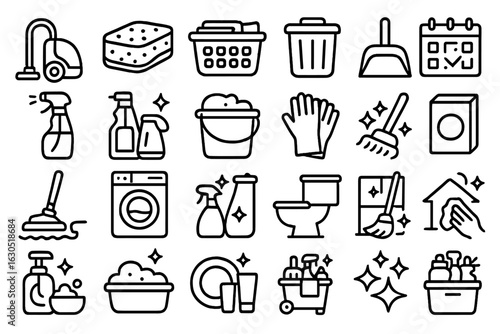 Cleaning supplies and tools arranged in an organized manner for home maintenance and housekeeping tasks