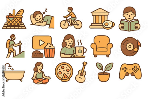 Creative leisure activities and hobbies illustrated in a fun, modern style showcasing various ways to relax and enjoy time indoors and outdoors