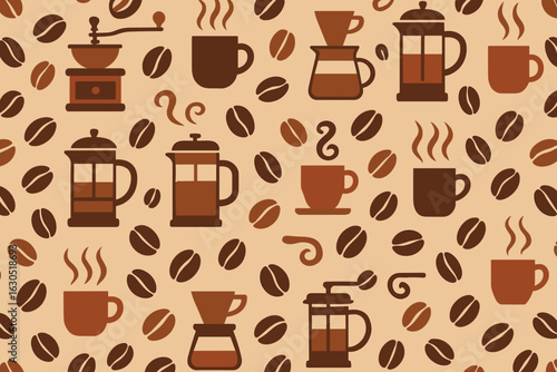 Coffee brewing patterns featuring various coffee makers and beans in a warm, inviting design