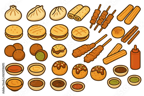 Diverse selection of delicious snacks and appetizers displayed on a white background for culinary enjoyment
