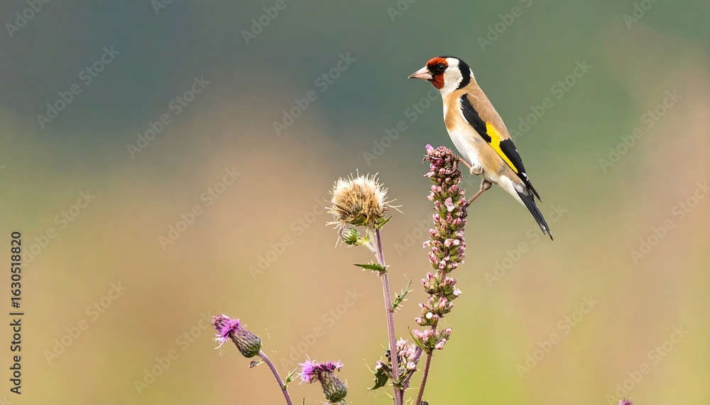 Fototapeta premium A small songbird perches atop a flowering plant against a blurred natural backdrop