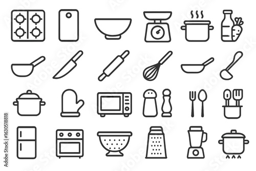 Kitchen utensils and appliances layout featuring essential tools for cooking and food preparation in a modern home setting