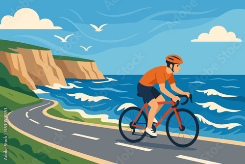 Scenic coastal cycling adventure on a sunny day with gentle waves and cliffs