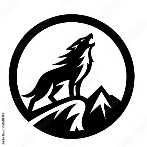 Clean black and white silhouette vector of a wolf howling on rock on white background