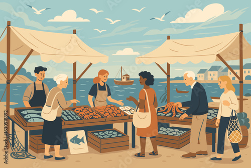 Vibrant coastal market scene showcasing fresh seafood with lively interactions among vendors and customers
