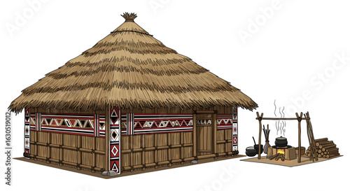 A traditional hut with a thatched roof, decorated walls, and a cooking area with a pot over a fire.
