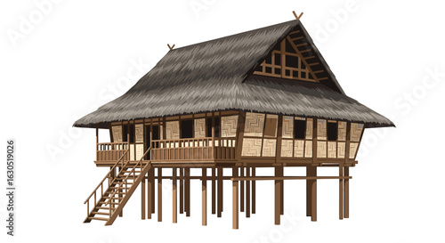 Traditional stilt house with a thatched roof and wooden structure, featuring a staircase leading to the entrance.