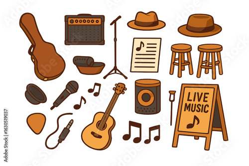 Musical elements arranged for a live music event with instruments and accessories in a creative layout