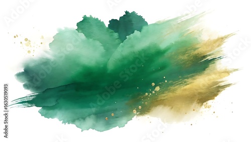 Illustration of abstract green and gold watercolor splash with paint strokes and powder explosion on white background