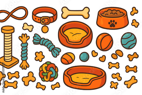 Bright and colorful collection of pet supplies including bowls, toys, and accessories in a fun design