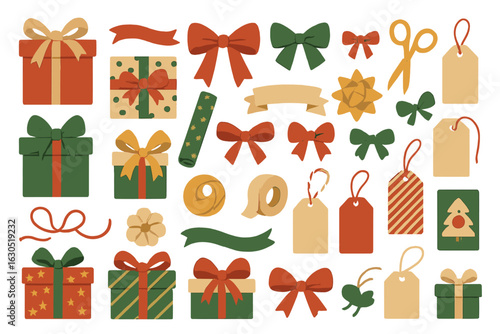 Colorful collection of holiday gift boxes and decorations for festive celebrations and occasions