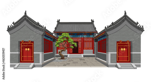 Traditional Chinese courtyard houses, depicted in a stylized illustration.