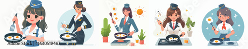 vector character of a flight attendant frying eggs