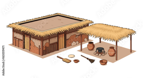 Simple rural dwelling with thatched roof, earthen walls, and outdoor cooking area.