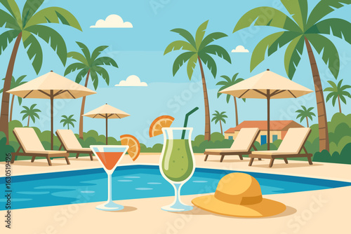 Relaxing vacation by the pool with tropical drinks and palm trees in a sunny setting