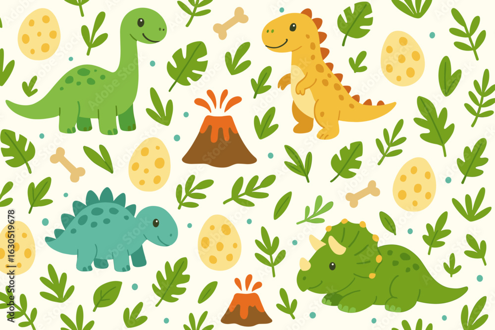 Obraz premium Colorful dinosaur characters with volcano and foliage set in a playful childlike design ideal for a nursery or kids' room
