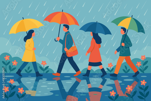 People walk under colorful umbrellas during a rainy day in an urban area, reflecting joy and companionship in wet weather