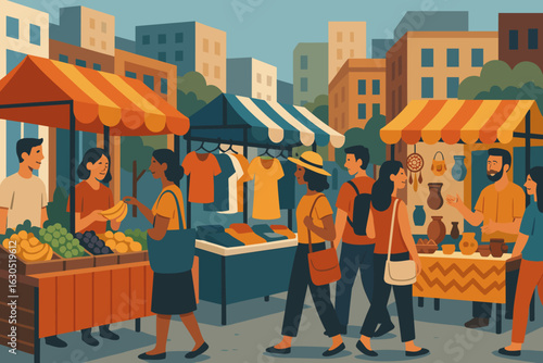 Vibrant market with diverse stalls showcasing fruits, clothing, and pottery in an urban setting during a sunny afternoon