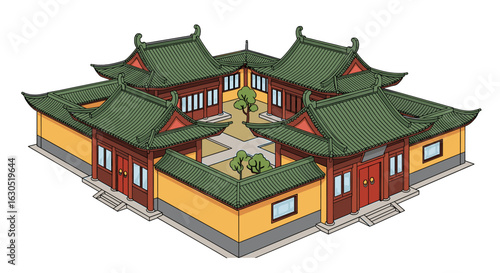 A stylized illustration of a traditional Chinese courtyard house, showcasing its intricate architecture and layout.