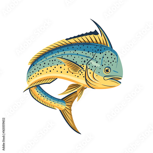 Colorful illustration of a leaping dorado fish, showcasing vibrant blue and yellow scales.