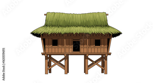A detailed illustration of a traditional wooden stilt house with a thatched roof.