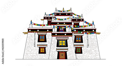 Illustration of a traditional Tibetan building with colorful prayer flags, featuring white walls and dark trim.