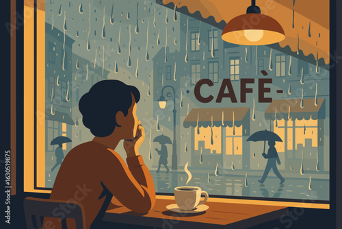 Contemplative moment in a cozy cafe during a rainy day