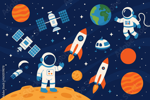 Colorful space exploration illustration featuring astronauts, rockets, and planets in an imaginative cosmic setting