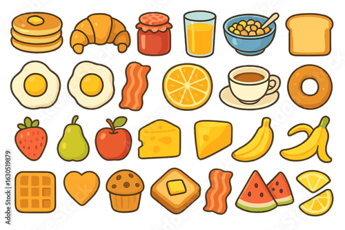 Breakfast assortment featuring pancakes, fruits, and beverages arranged in a colorful and inviting manner