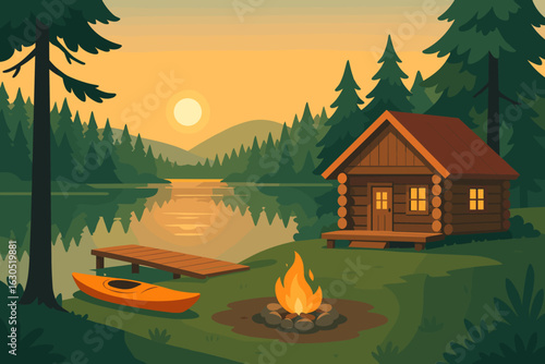 Cozy lakeside cabin with a sunset, kayak, and campfire in a tranquil forest setting
