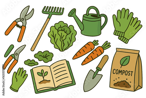 Gardening tools and supplies for a healthy vegetable garden