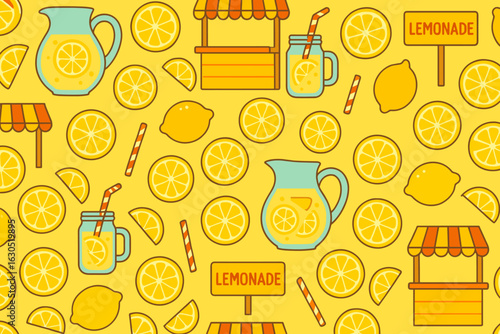 Bright lemon-themed pattern featuring lemonade stands and refreshing drinks on a sunny background